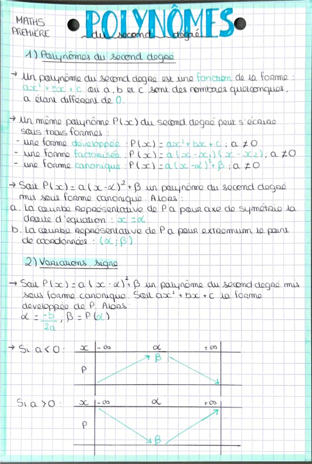 MATHS
PREMIERE
# POLYNOMES
## du second degré
1) Palynômes du second degre

→ Un palynôme du second dogre est une fonction de la forme:
$ax²