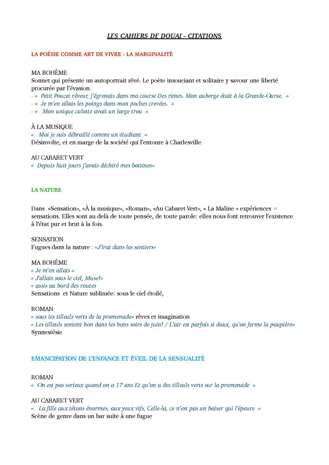 Fiche pour la dissertation sur les Cahiers de Douai