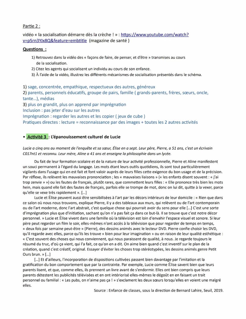 Chapitre 2 - Comment la socialisation contribue-t-elle à expliquer les
différences de comportements des individus ?
Introduction
Rappel de l