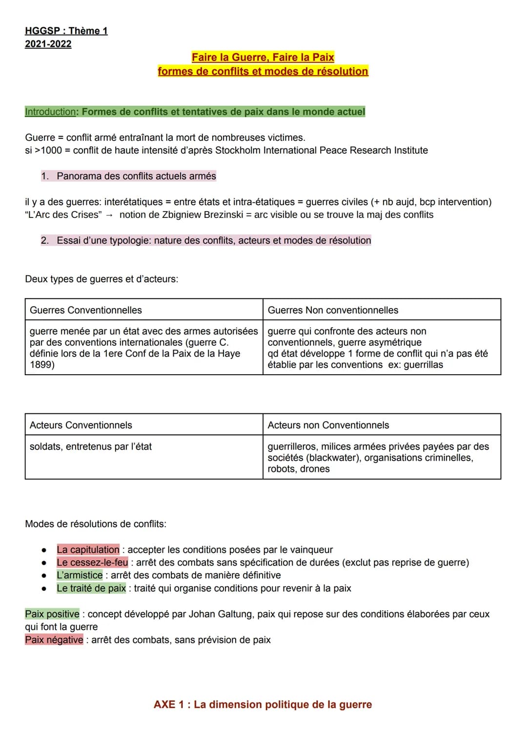 HGGSP: Thème 1
2021-2022
Introduction: Formes de conflits et tentatives de paix dans le monde actuel
Faire la Guerre, Faire la Paix
formes d