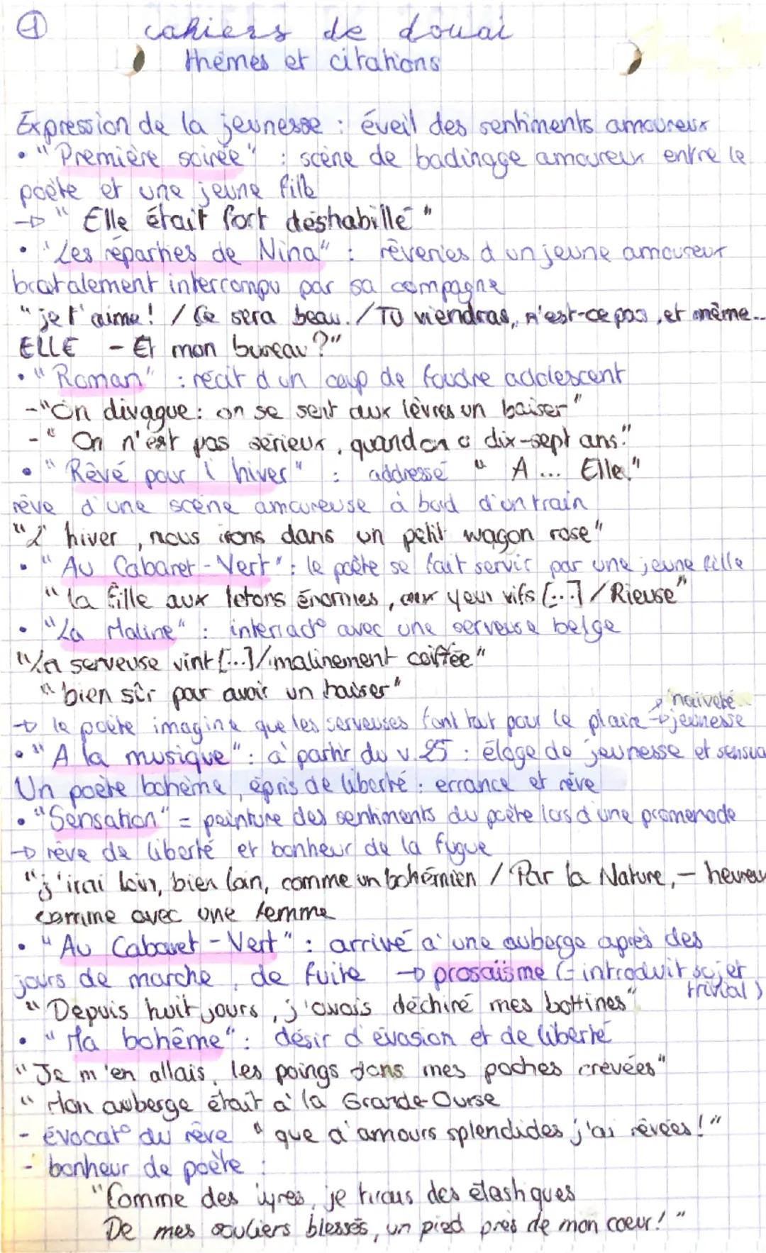 ④
cahiers de douai
• themes et citations.

Expression de la jeunesse : éveil des sentiments amoureux
• "Première soiree" scène de badingge a