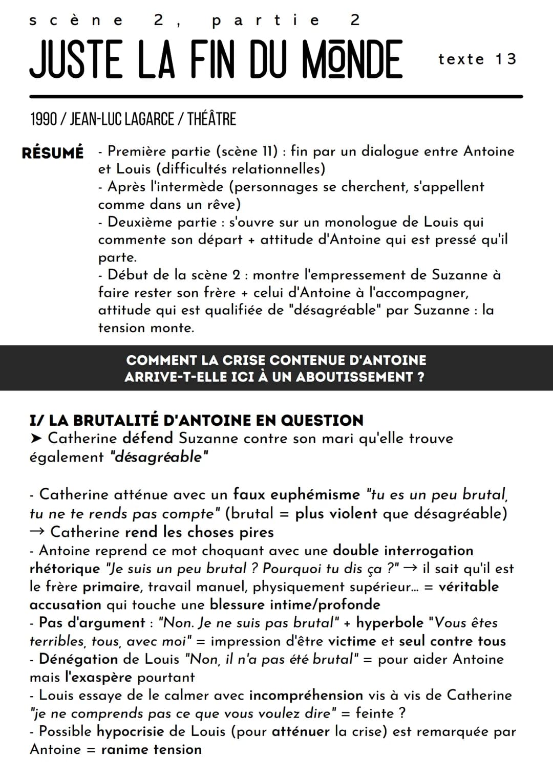 scène 2, partie 2
JUSTE LA FIN DU MONDE
1990/JEAN-LUC LAGARCE/ THÉÂTRE
RÉSUMÉ Première partie (scène 11): fin par un dialogue entre Antoine
