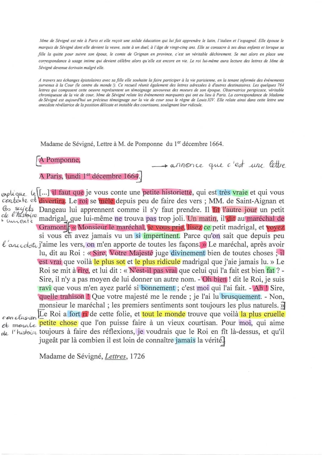 Texte n°1: Madame de Sévigné, Lettres, Lettre à M. de
Pomponne
Ce texte est une des nombreuses lettres qu'il nous reste des
échanges épistol