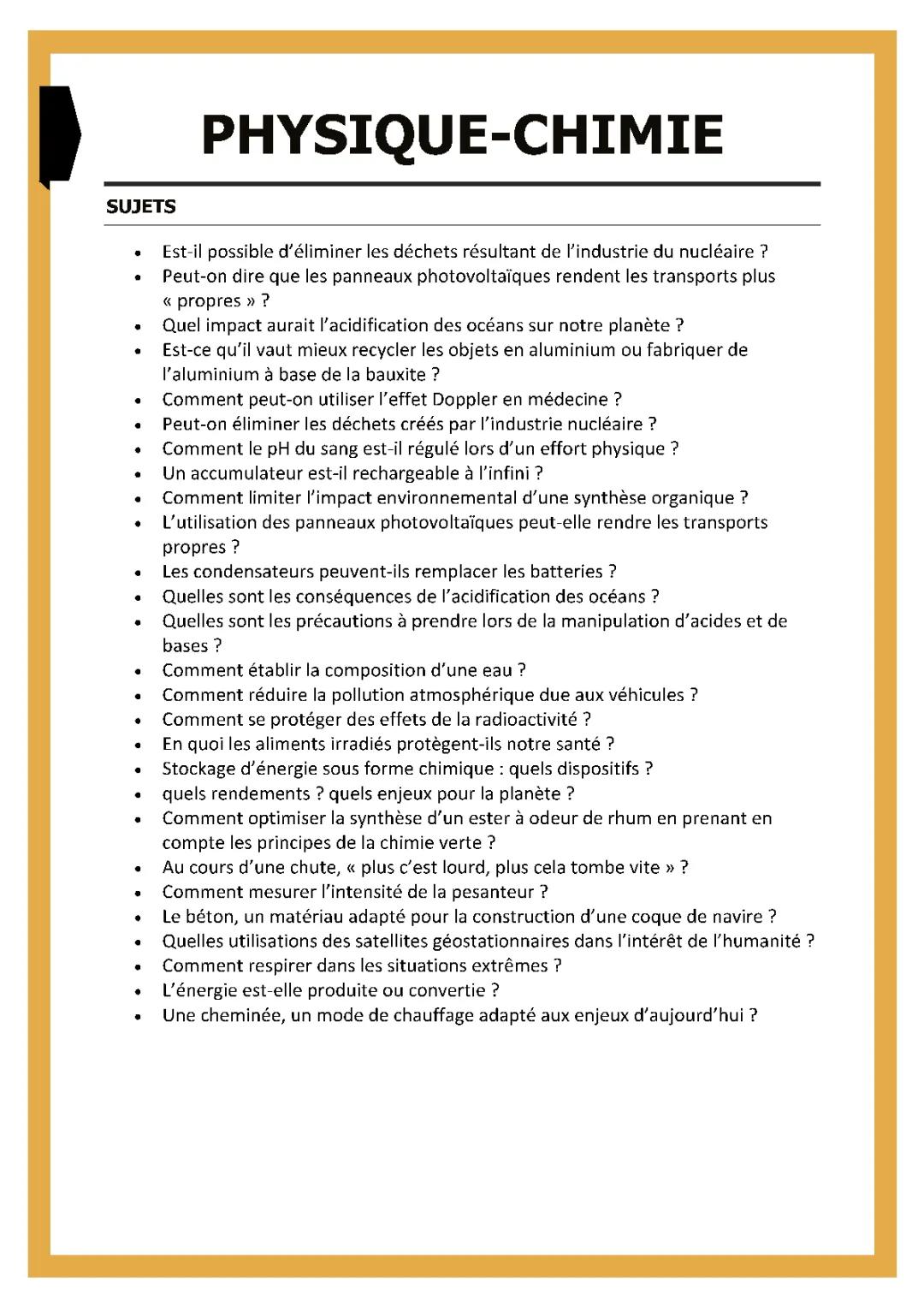 Sujets Grand Oral Physique-Chimie Original et Médecine 2024