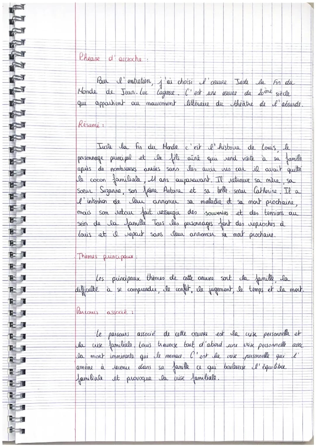 Phrase d'accroche
Pour I'entretien, j'ai choisi I ceuvre Juste la fin du
Monde de Jean Luc lagarce. C'est une seuvre du 20ème siècle
qui app