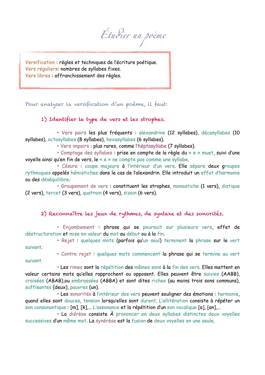 Étudier un poème
Versification : règles et techniques de l'écriture poétique.
Vers réguliers: nombres de syllabes fixes.
Vers libres: affran
