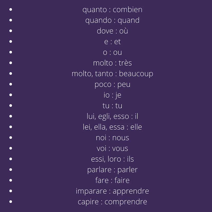 
<p>Le vocabulaire de base en italien comprend des phrases et des mots couramment utilisés. Si vous souhaitez apprendre l'italien, voici que