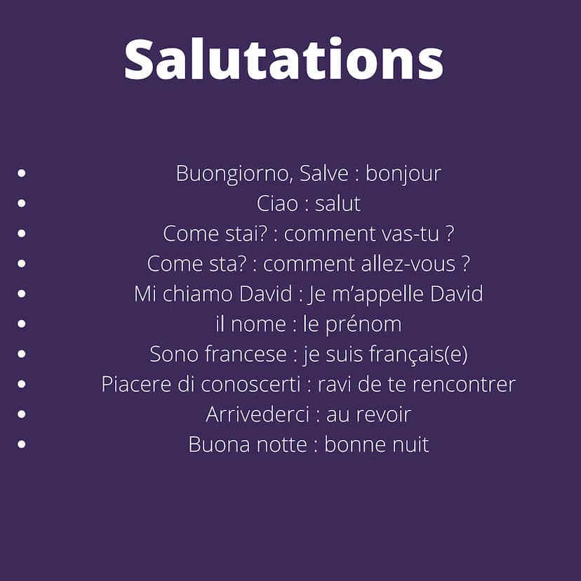 
<p>Le vocabulaire de base en italien comprend des phrases et des mots couramment utilisés. Si vous souhaitez apprendre l'italien, voici que