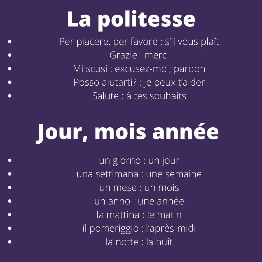 
<p>Le vocabulaire de base en italien comprend des phrases et des mots couramment utilisés. Si vous souhaitez apprendre l'italien, voici que