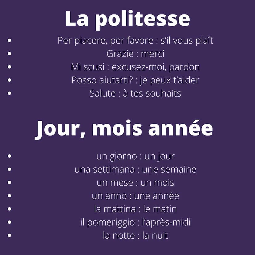 
<p>Le vocabulaire de base en italien comprend des phrases et des mots couramment utilisés. Si vous souhaitez apprendre l'italien, voici que
