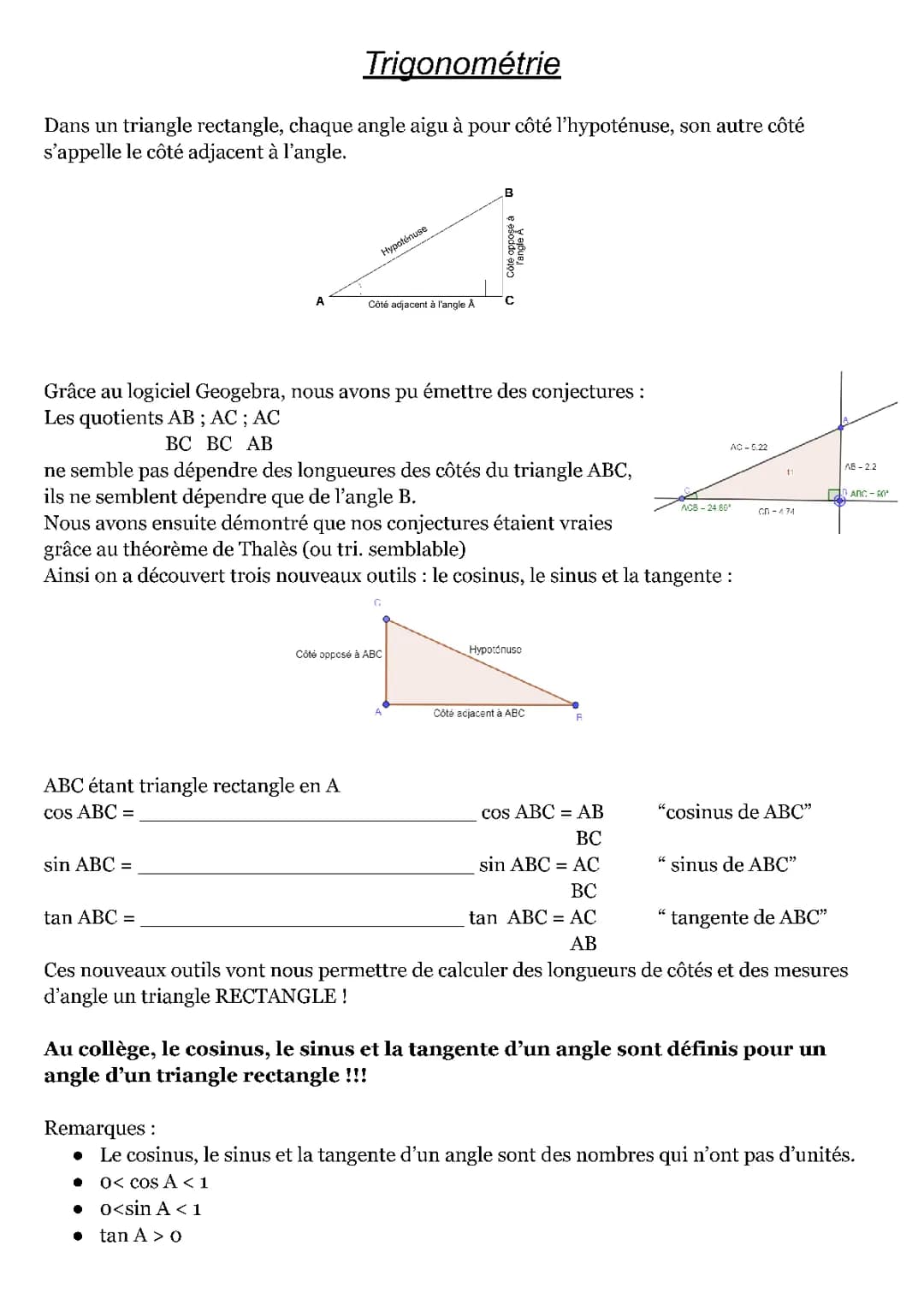 Fiche de révision Trigonométrie