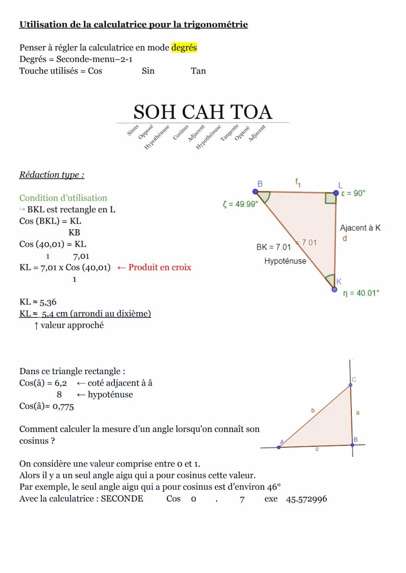 Trigonométrie
Dans un triangle rectangle, chaque angle aigu à pour côté l'hypoténuse, son autre côté
s'appelle le côté adjacent à l'angle.
G