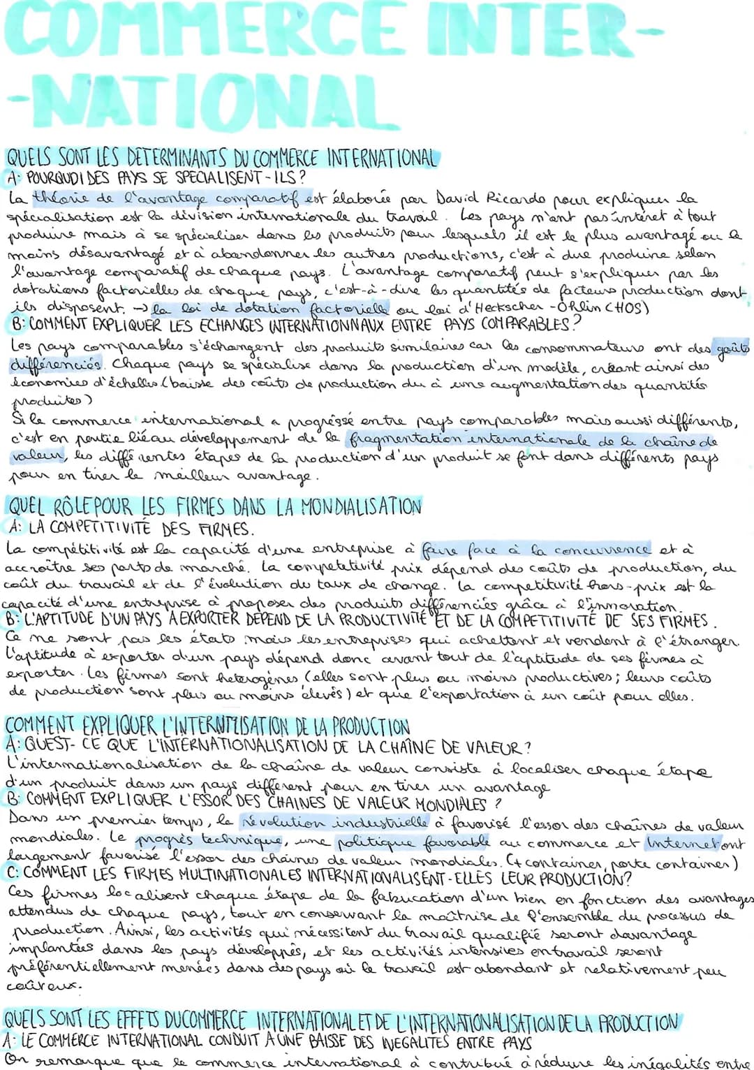 COMMERCE INTER-
-NATIONAL
QUELS SONT LES DETERMINANTS DU COMMERCE INTERNATIONAL
A: POURQUDI DES PAYS SE SPECIALISENT-ILS?
la théorie de l'av