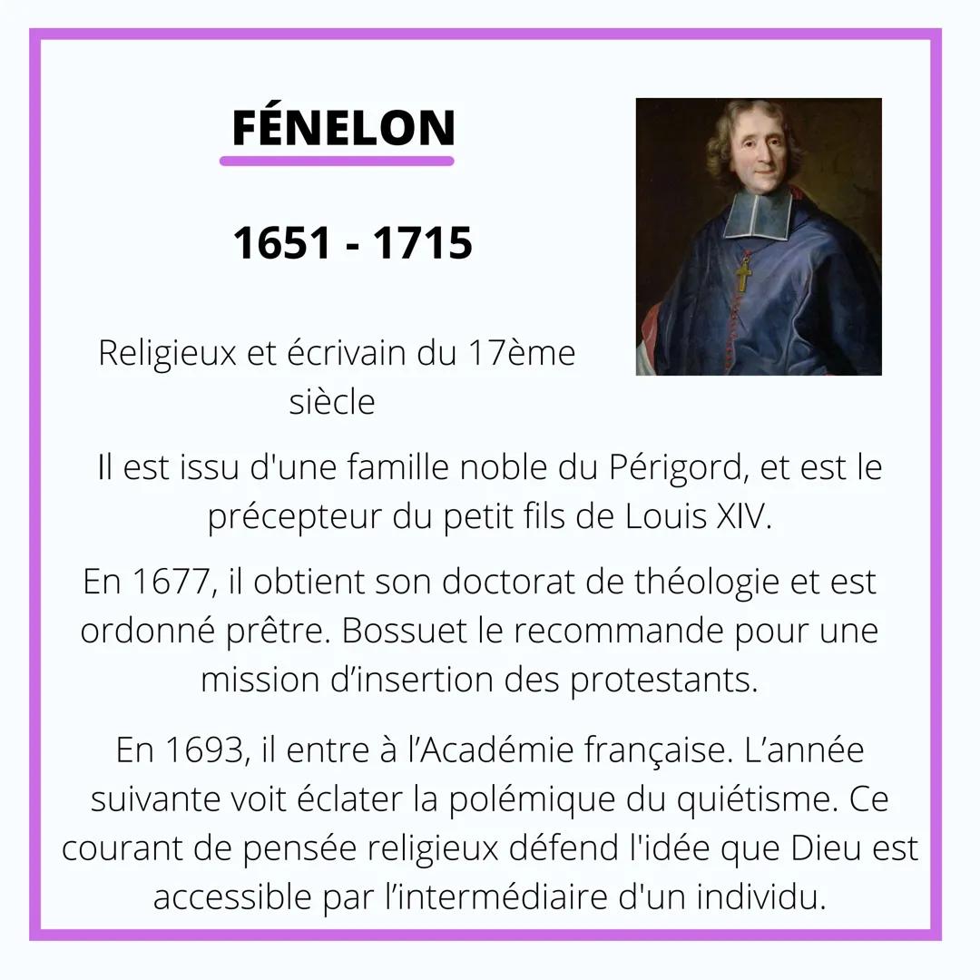 FRANCAIS
FÉNELON FÉNELON
1651 - 1715
Religieux et écrivain du 17ème
siècle
Il est issu d'une famille noble du Périgord, et est le
précepteur
