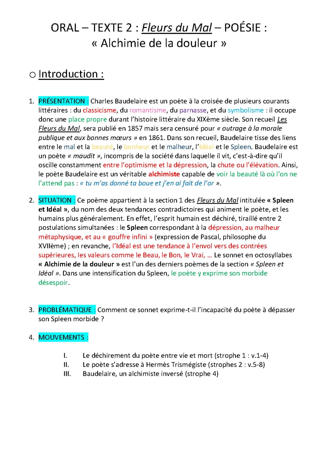 Fiche d'oral - Les Fleurs du Mal - Baudelaire