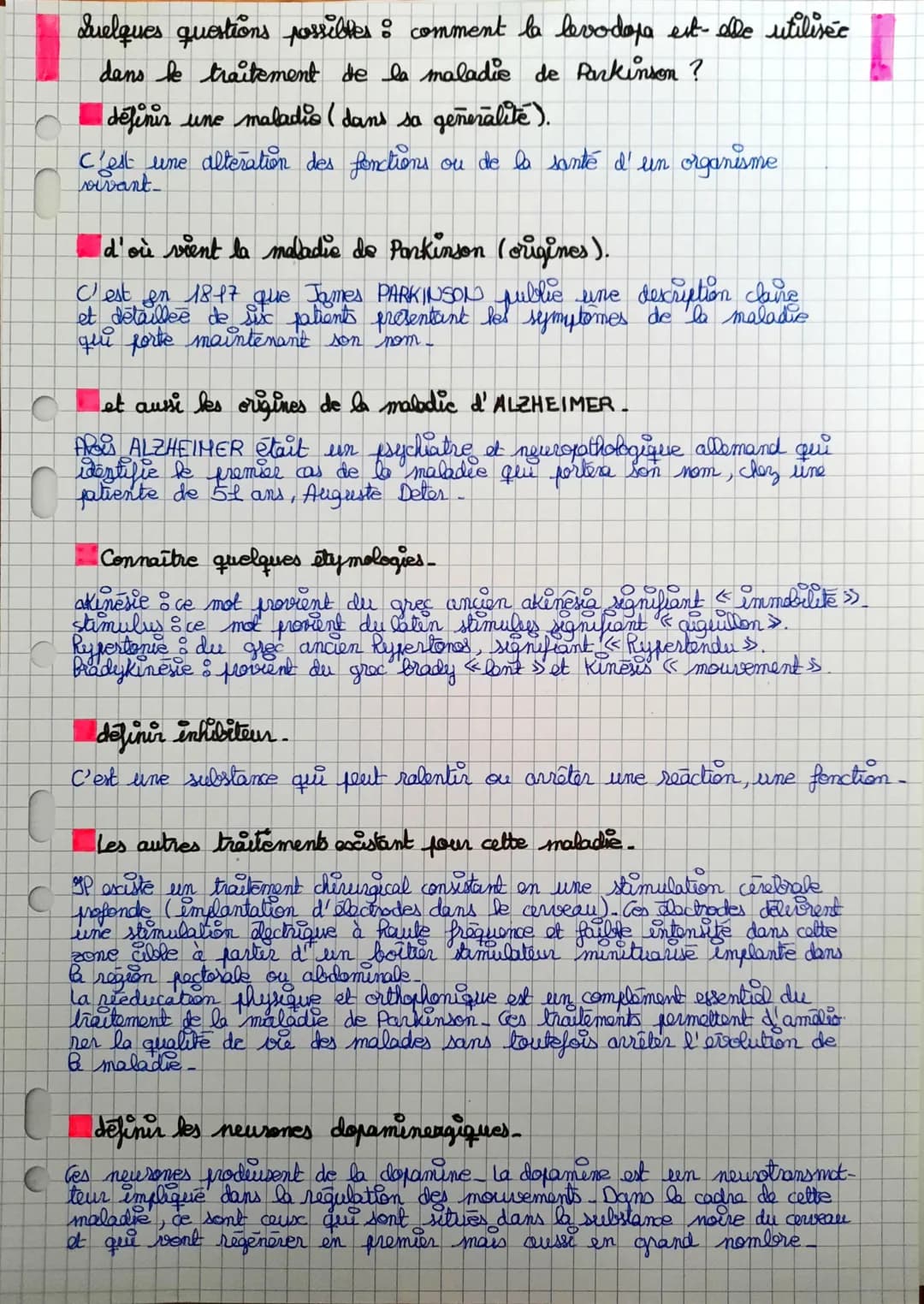 C
Quelques questions possibles : comment la levodopa est-elle utilisée
dans le traitement de la maladie de Parkinson ?
définir une maladie (