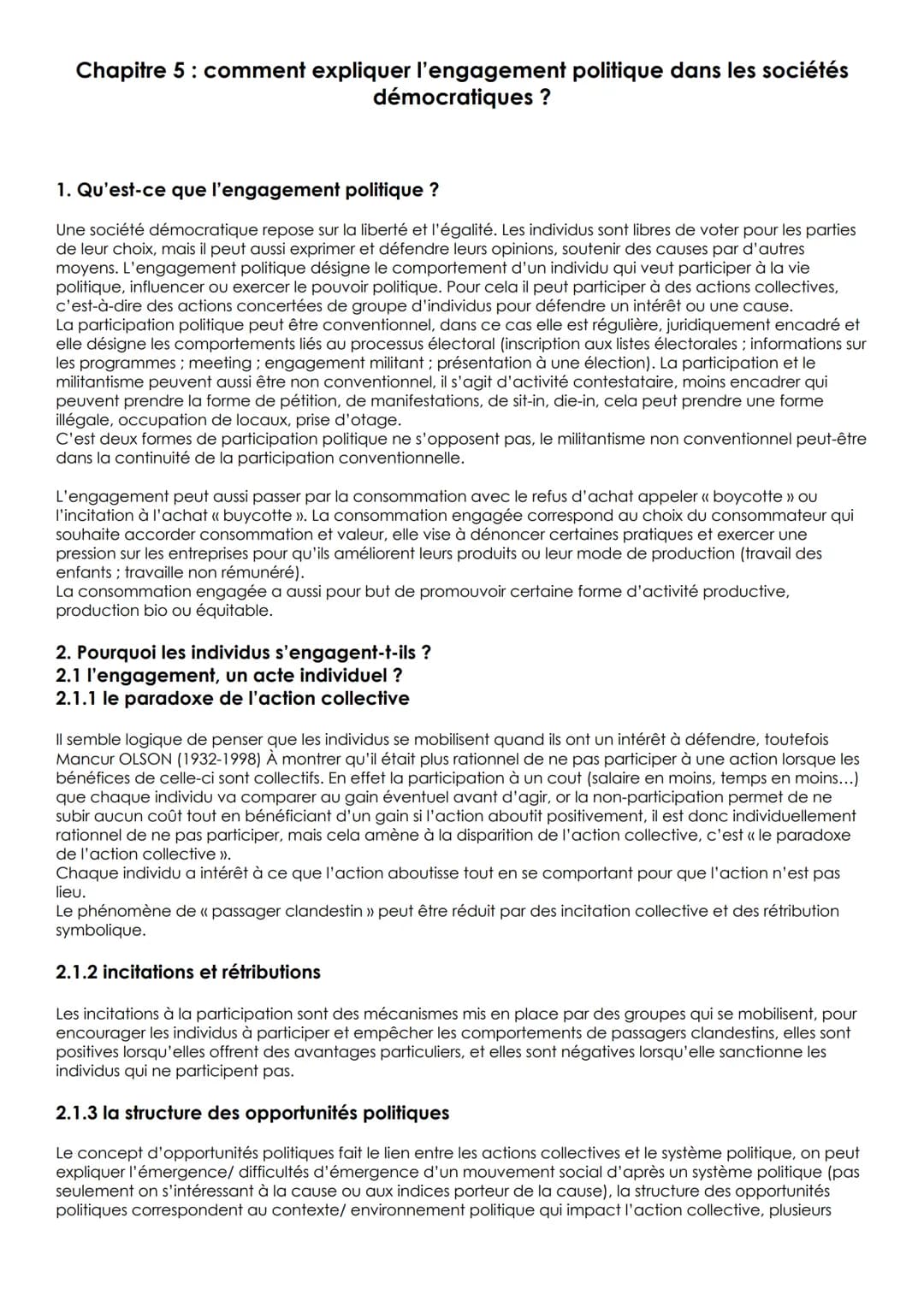 Chapitre 5 : comment expliquer l'engagement politique dans les sociétés
démocratiques ?
1. Qu'est-ce que l'engagement politique ?
Une sociét