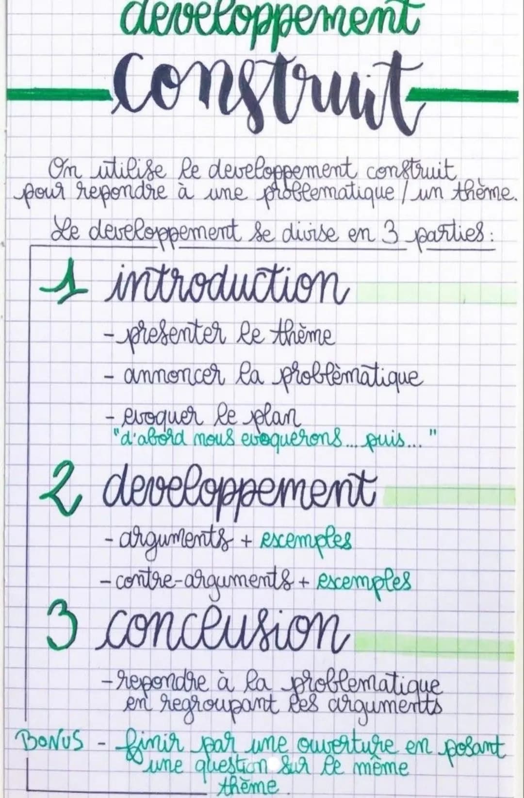 developpement
construit
On utilise le developpement construit,
pour repondre à une problematique / un thème.
Le developpement se divise en 3