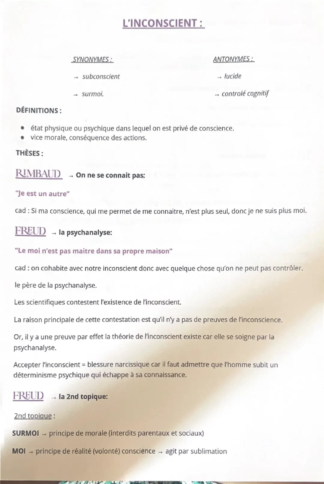 SYNONYMES:
subconscient
surmoi.
L'INCONSCIENT:
ANTONYMES:
- lucide
controlé cognitif
DÉFINITIONS:
⚫ état physique ou psychique dans lequel o