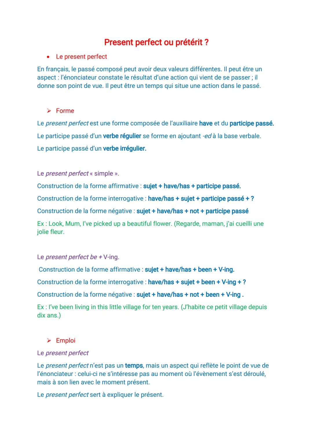 Present perfect ou prétérit?
Le present perfect
En français, le passé composé peut avoir deux valeurs différentes. Il peut être un
aspect : 