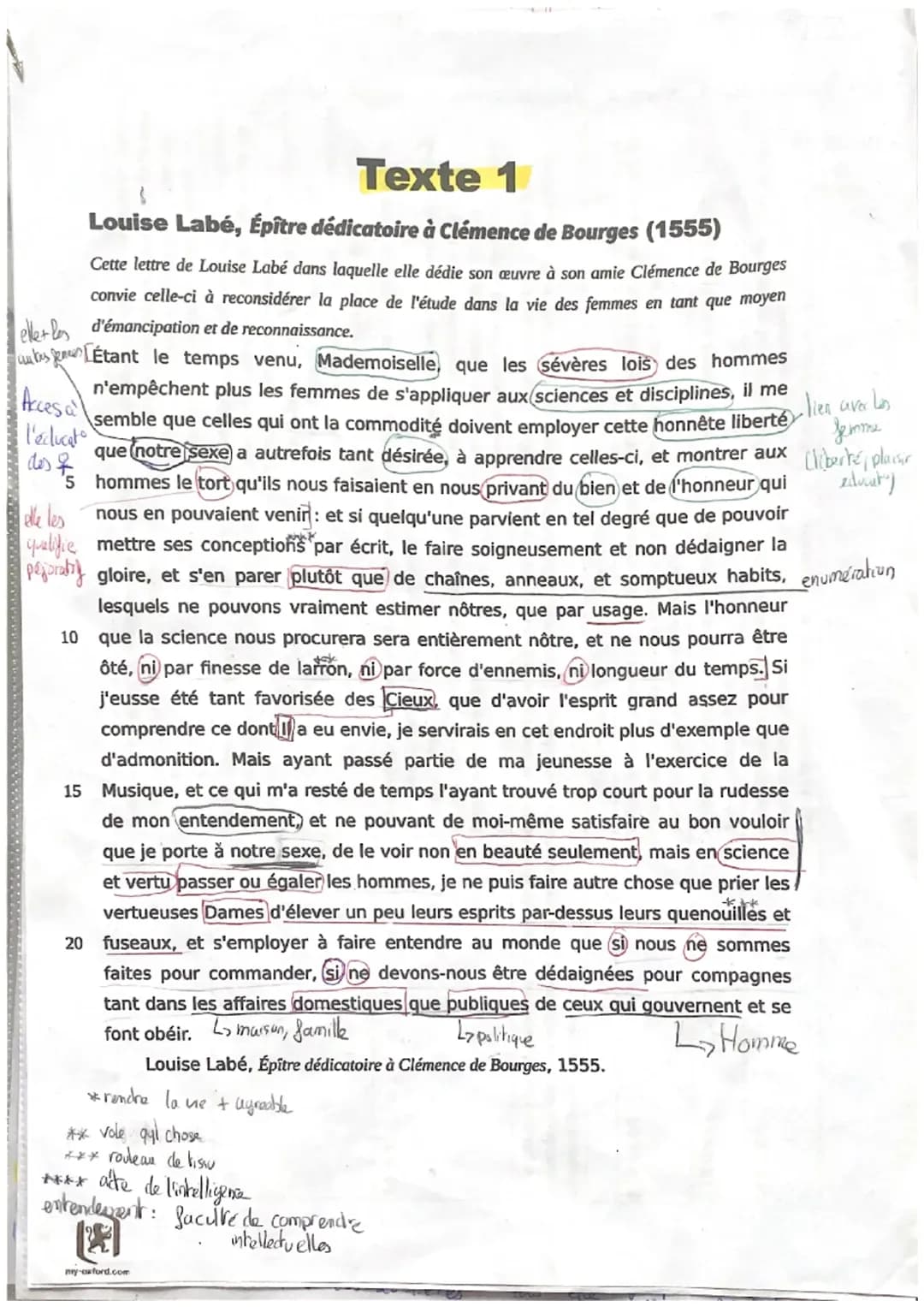 Analyse linéaire : épître, dédicatoire de Louise Labé, à Clémence de Bourges, 1555