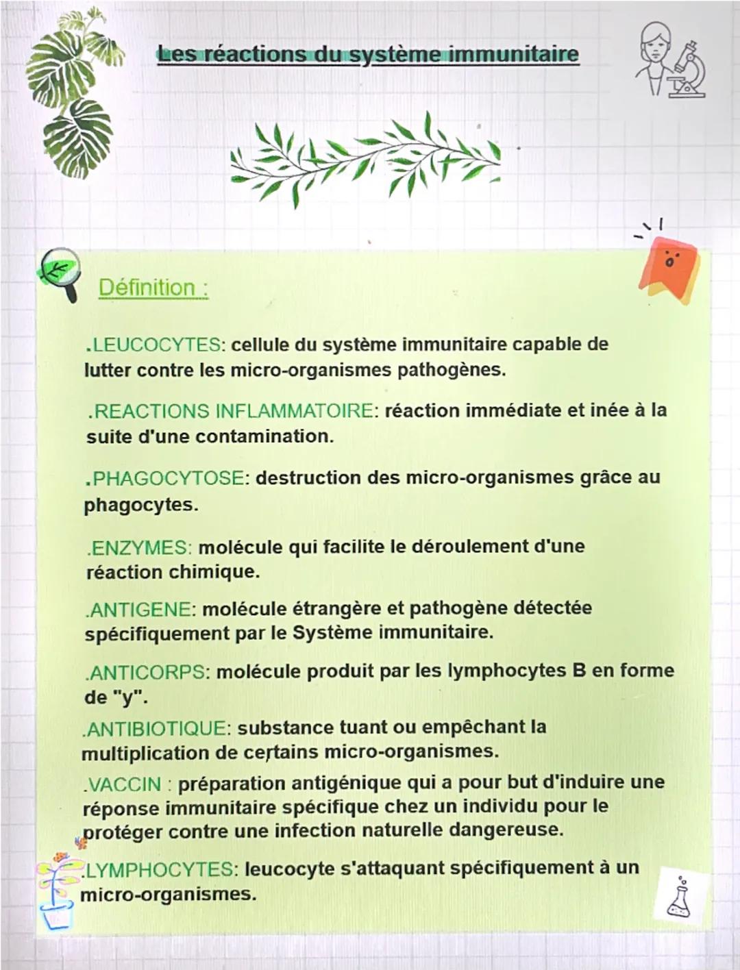# Les réactions du système immunitaire

Définition :

.LEUCOCYTES: cellule du système immunitaire capable de lutter contre les micro-organis