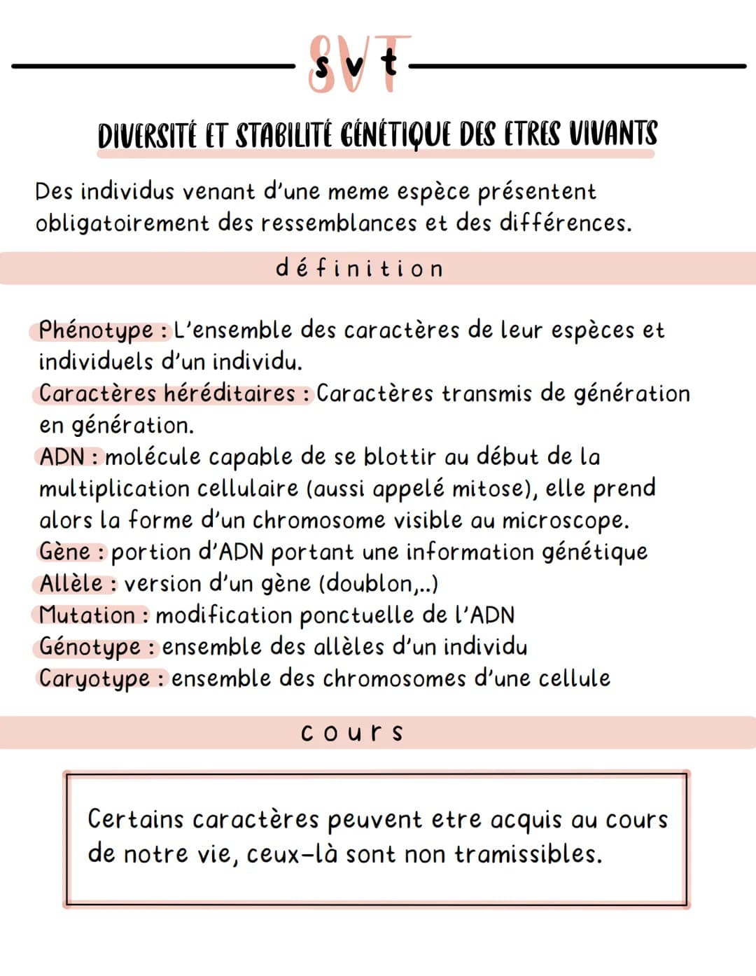 OUT
DIVERSITÉ ET STABILITÉ GÉNÉTIQUE DES ETRES VIVANTS
Des individus venant d'une meme espèce présentent
obligatoirement des ressemblances e