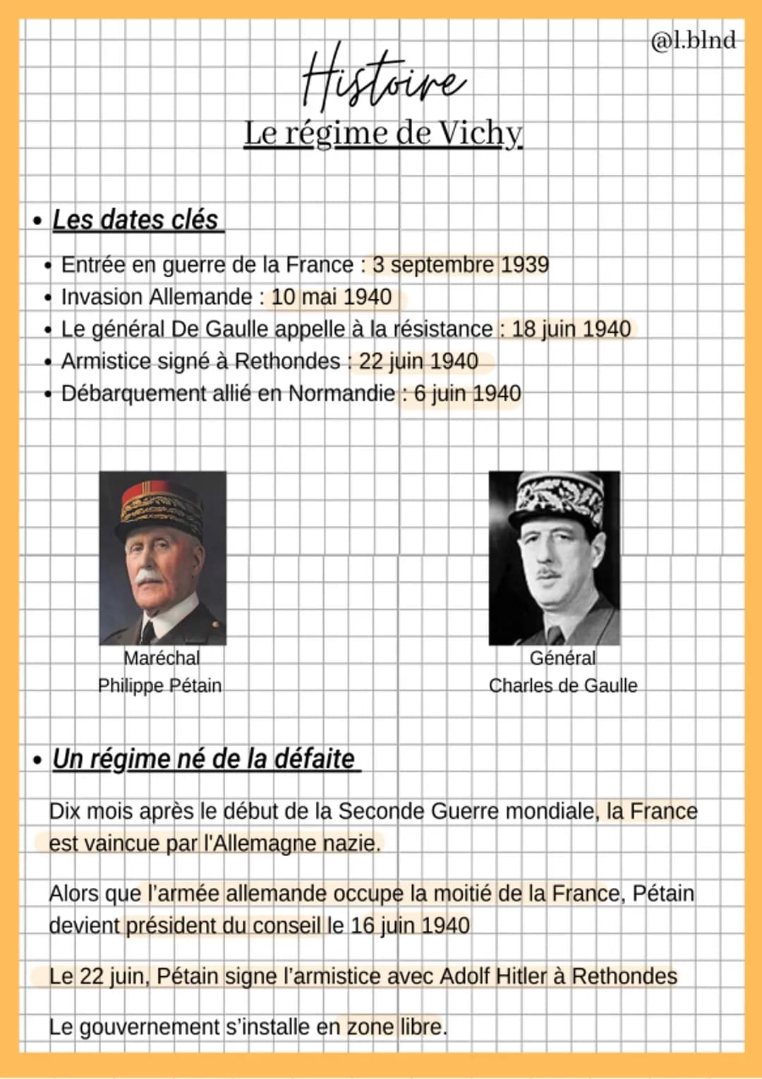 Histoire
Le régime de Vichy
Les dates clés
• Entrée en guerre de la France : 3 septembre 1939
• Invasion Allemande: 10 mai 1940
Le général D