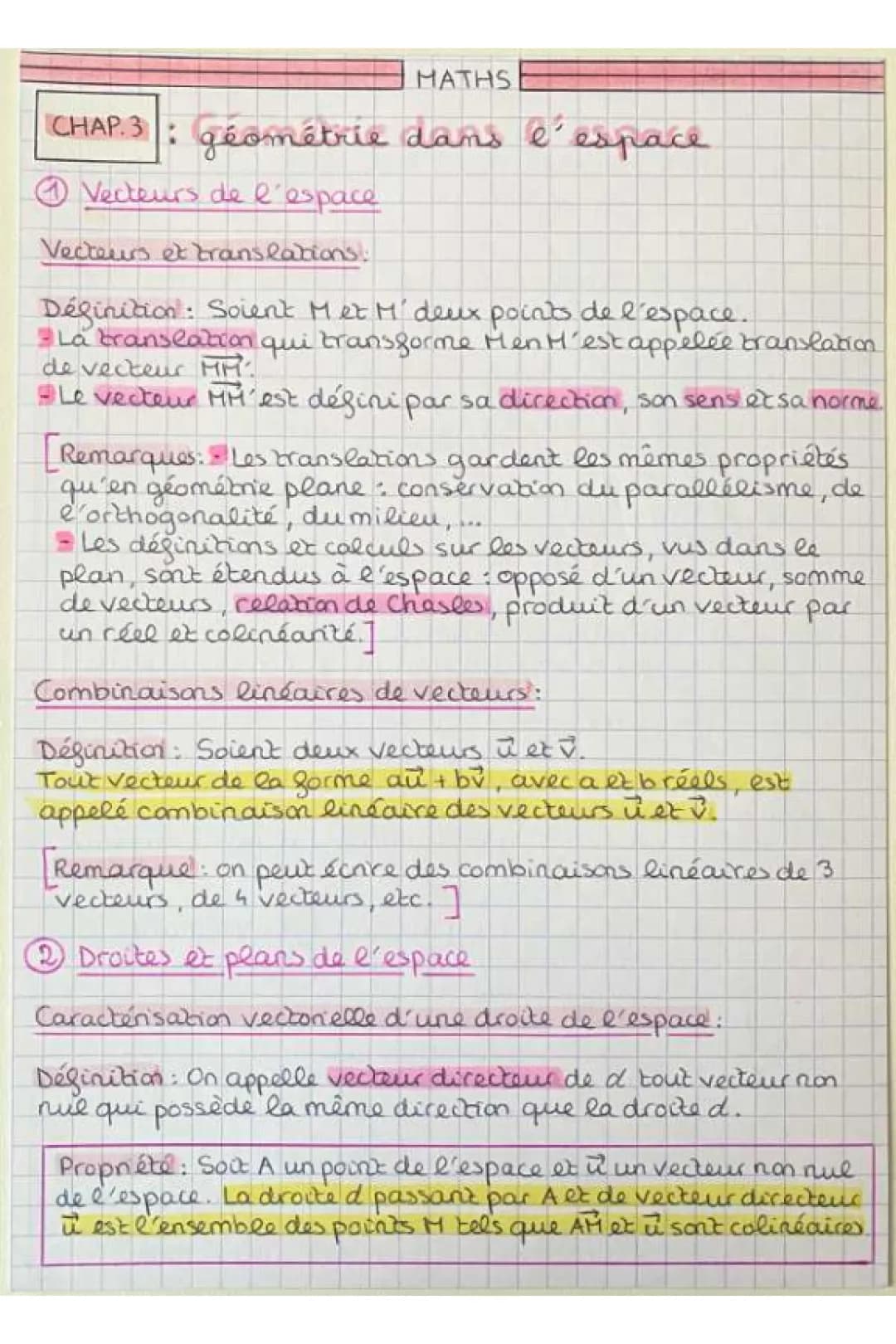 Géométrie dans l’Espace : Cours et Exercices corrigés pour les Vecteurs et Translations