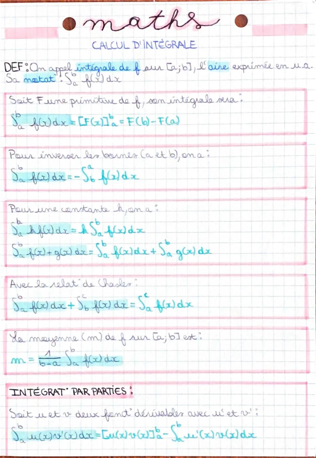# maths

CALCUL D'INTÉGRALE

DEF: On appel intégrale de of our [a; b], l'aire exprimée en м.а.
Sa natat! $S_a^b f(x)dx$.

Seit Fune primitiv