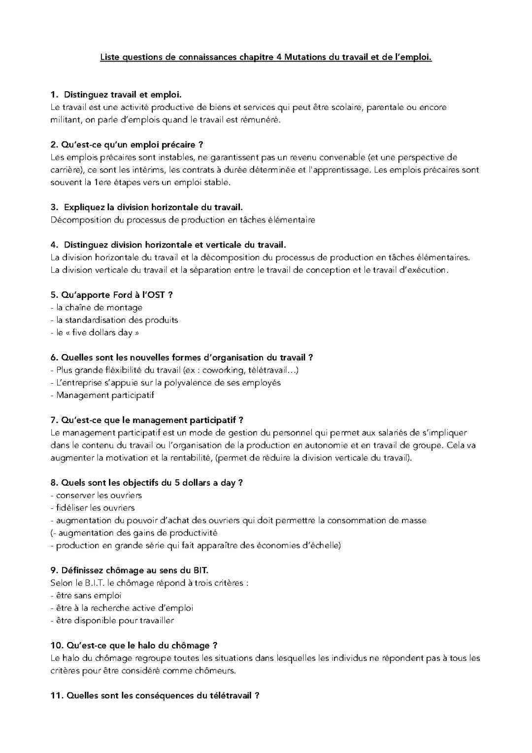 Questions de connaissance en SES : Quelles mutations du travail et de l'emploi 