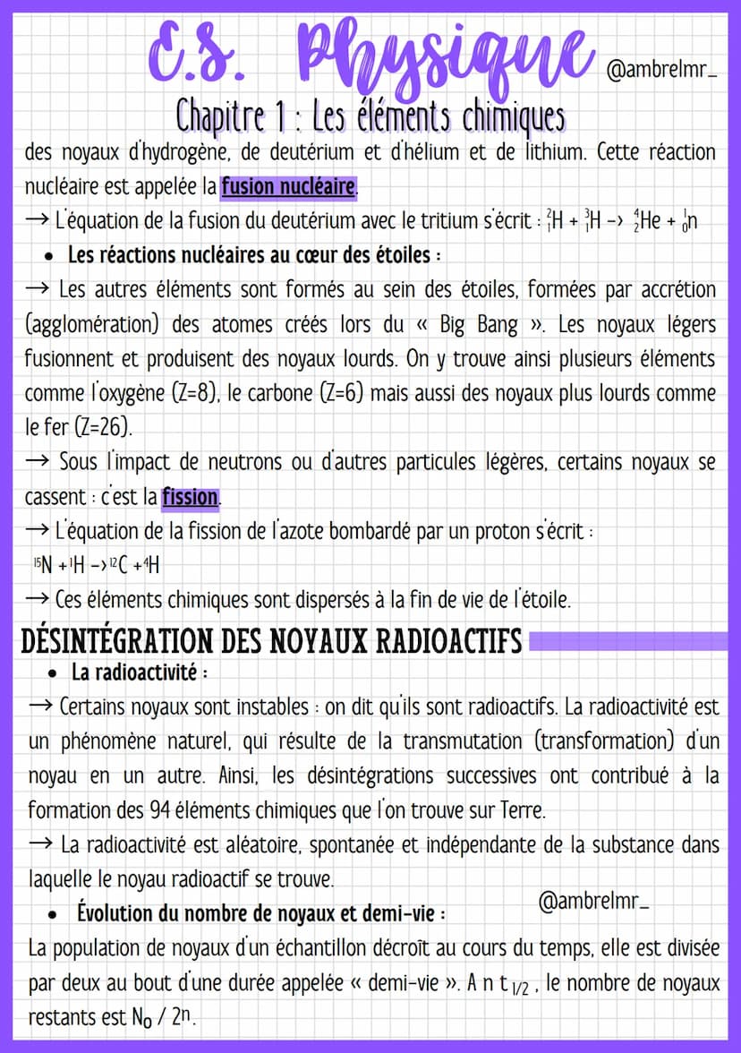 E.S. Physique
Chapitre 1 : Les éléments chimiques
LES ÉLÉMENTS CHIMIQUES DANS L'UNIVERS
• La composition chimique de l'Univers :
→ L'Univers