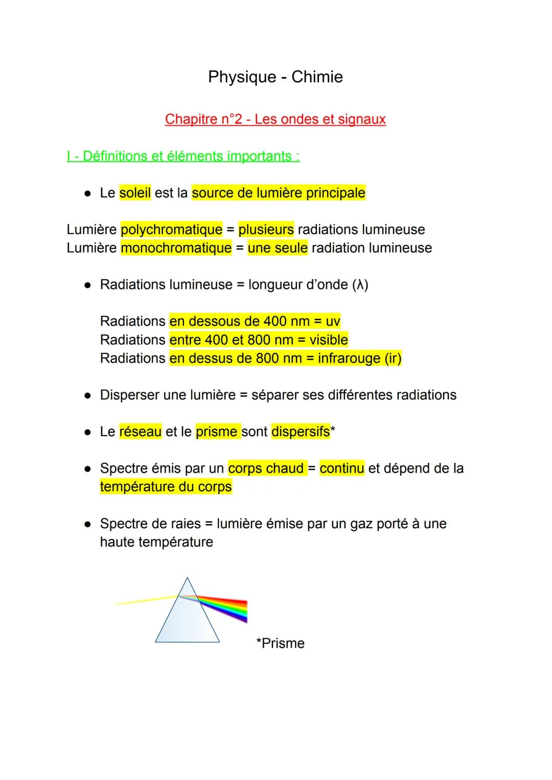 Physique - Chimie
Chapitre n°2 - Les ondes et signaux
1- Définitions et éléments importants :
• Le soleil est la source de lumière principal