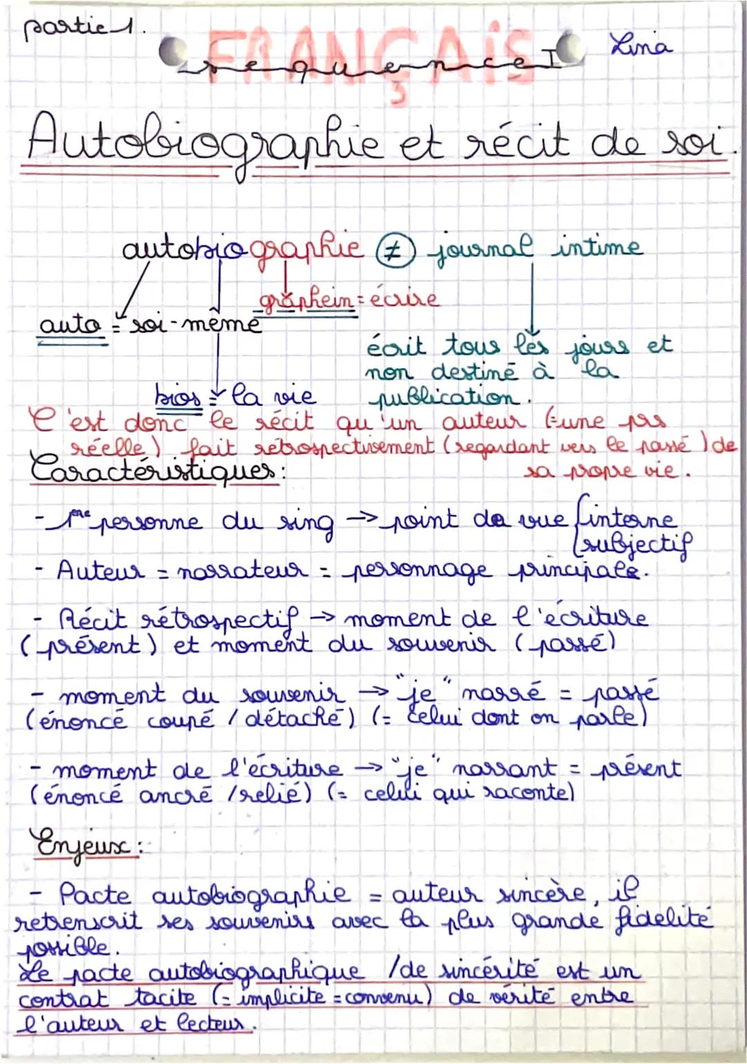 partic1.
Feapest Lina
Autobiographie et récit de soi
auto-soi-memē
autobiographie + journal intime
graphein écrire
bios la vie
C'est donc le