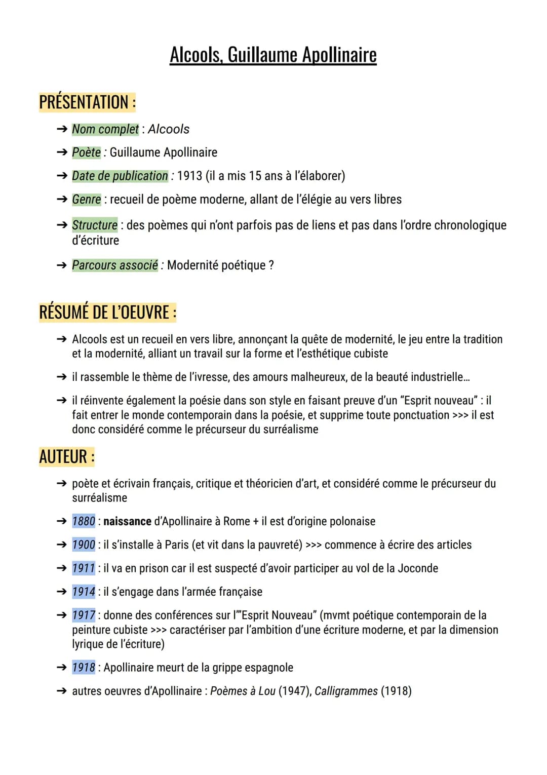 Cours complet sur le recueil Alcools (Apollinaire)