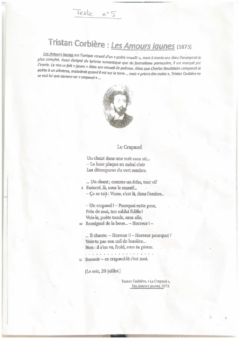 5 Le Grapaud
Tristan Corbière, Les Amours jounes, 1873.
Introduction:
à l'envers
Ce poème est un sonnet inversé en octosyllabes. Il s'agit i