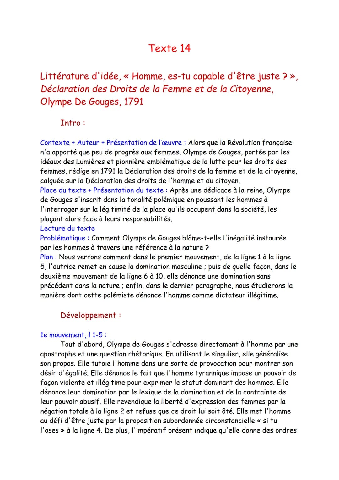 Texte 14
Littérature d'idée, « Homme, es-tu capable d'être juste ? »,
Déclaration des Droits de la Femme et de la Citoyenne,
Olympe De Gouge