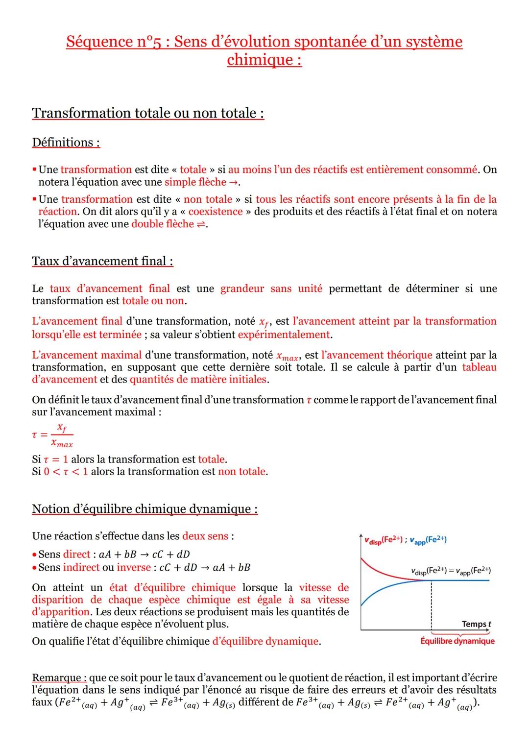 Séquence n°5: Sens d'évolution spontanée d'un système
chimique :
Transformation totale ou non totale:
Définitions :
▪ Une transformation est