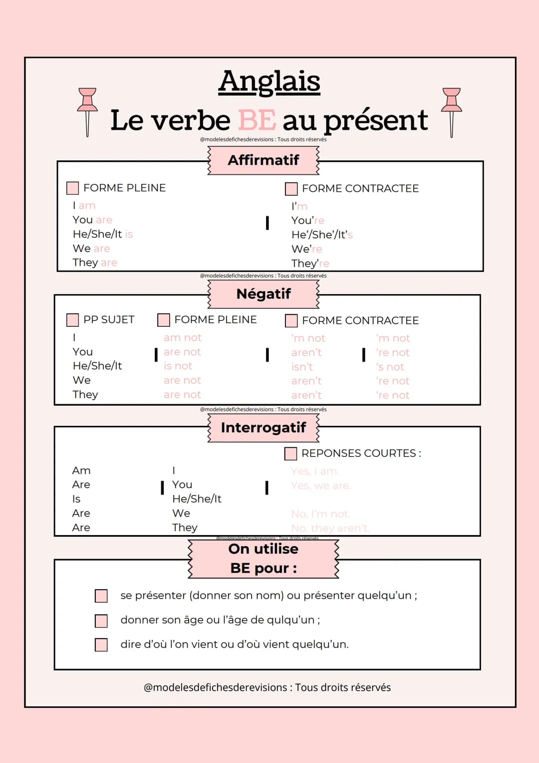 Anglais
Le verbe BE au présent
au présent
@modelesdefichesderevisions : Tous droits réservés
Affirmatif
FORME PLEINE
I am
You are
He/She/It 