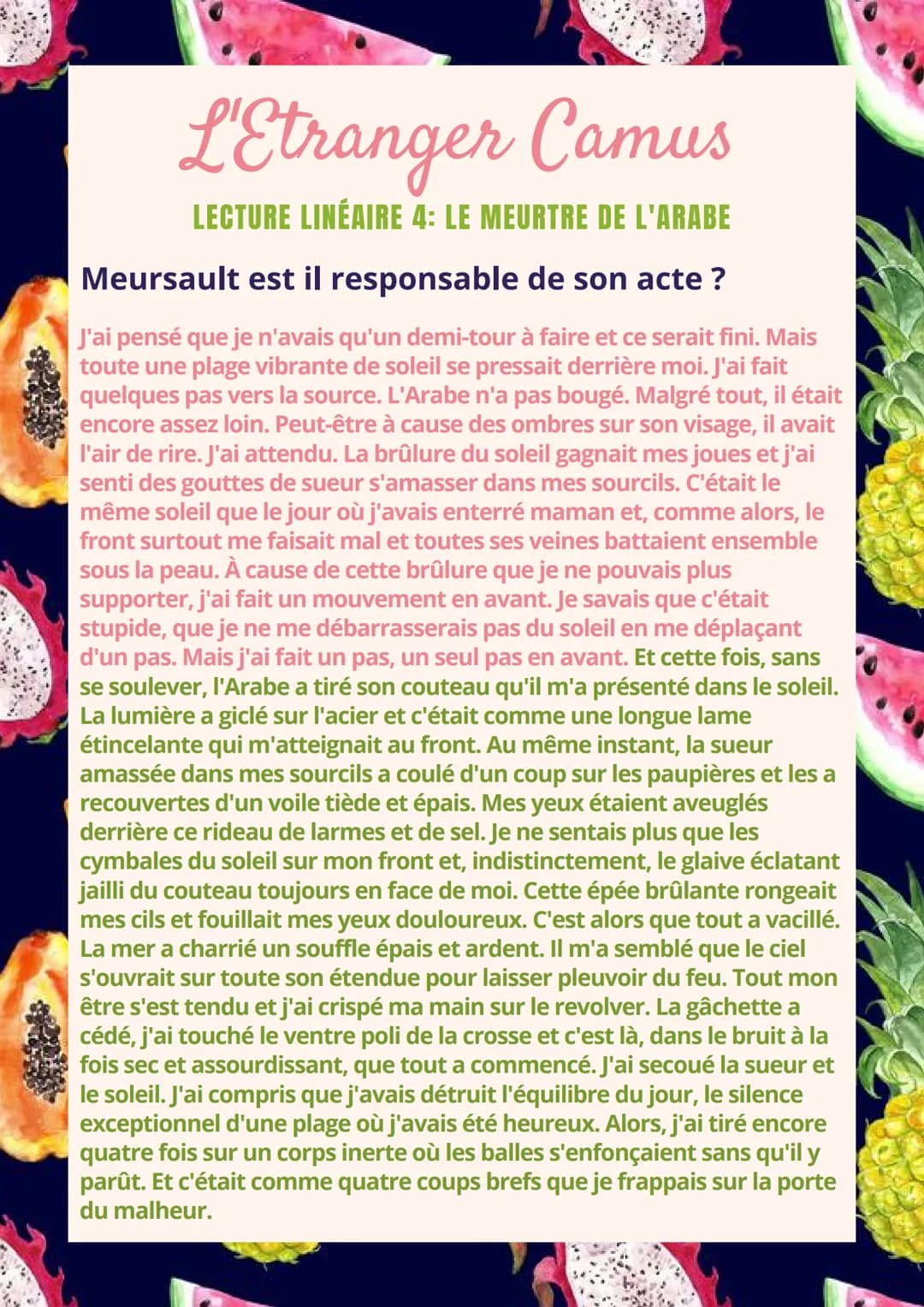L'Etranger Camus
LECTURE LINÉAIRE 4: LE MEURTRE DE L'ARABE
Meursault est il responsable de son acte?
J'ai pensé que je n'avais qu'un demi-to