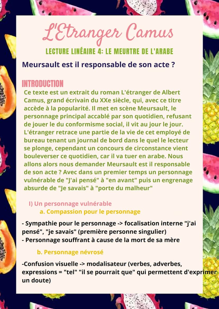 L'Etranger Camus
LECTURE LINÉAIRE 4: LE MEURTRE DE L'ARABE
Meursault est il responsable de son acte?
J'ai pensé que je n'avais qu'un demi-to