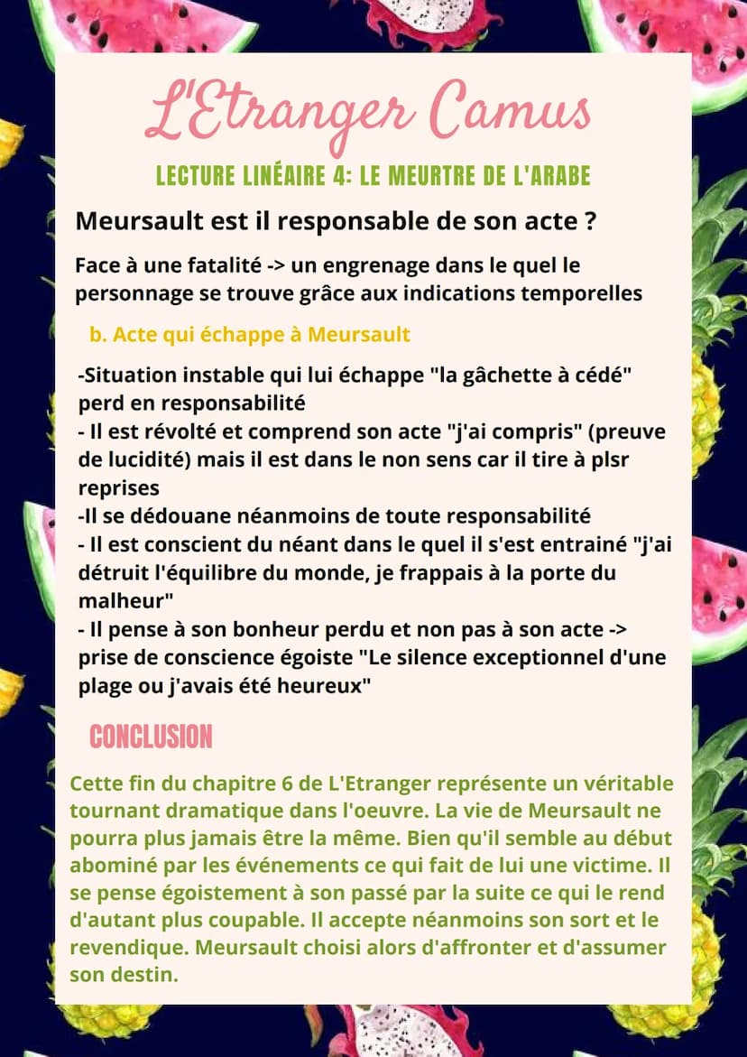 L'Etranger Camus
LECTURE LINÉAIRE 4: LE MEURTRE DE L'ARABE
Meursault est il responsable de son acte?
J'ai pensé que je n'avais qu'un demi-to