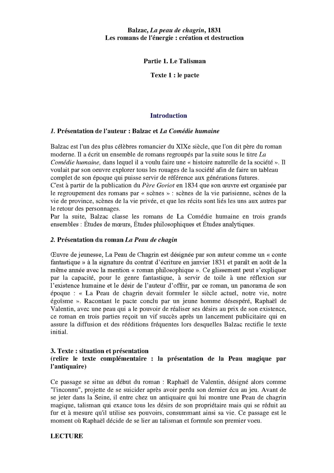 Analyse linéaire La Peau de chagrin : chapitre 1 et texte Le Talisman