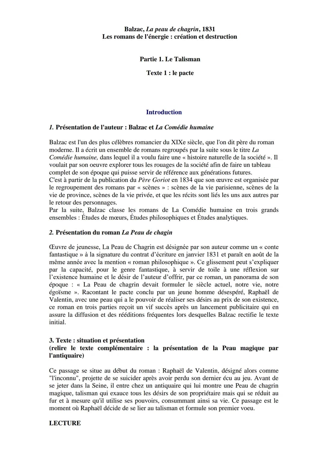 Balzac, La peau de chagrin, 1831
Les romans de l'énergie : création et destruction
Partie 1. Le Talisman
Texte 1: le pacte
Introduction
1. P