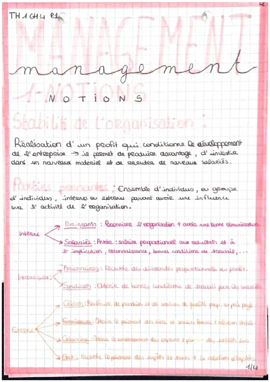 Chapitre 4 Management 1ère STMG : Comment le management aide face aux changements - Exercice et Fiche de révision