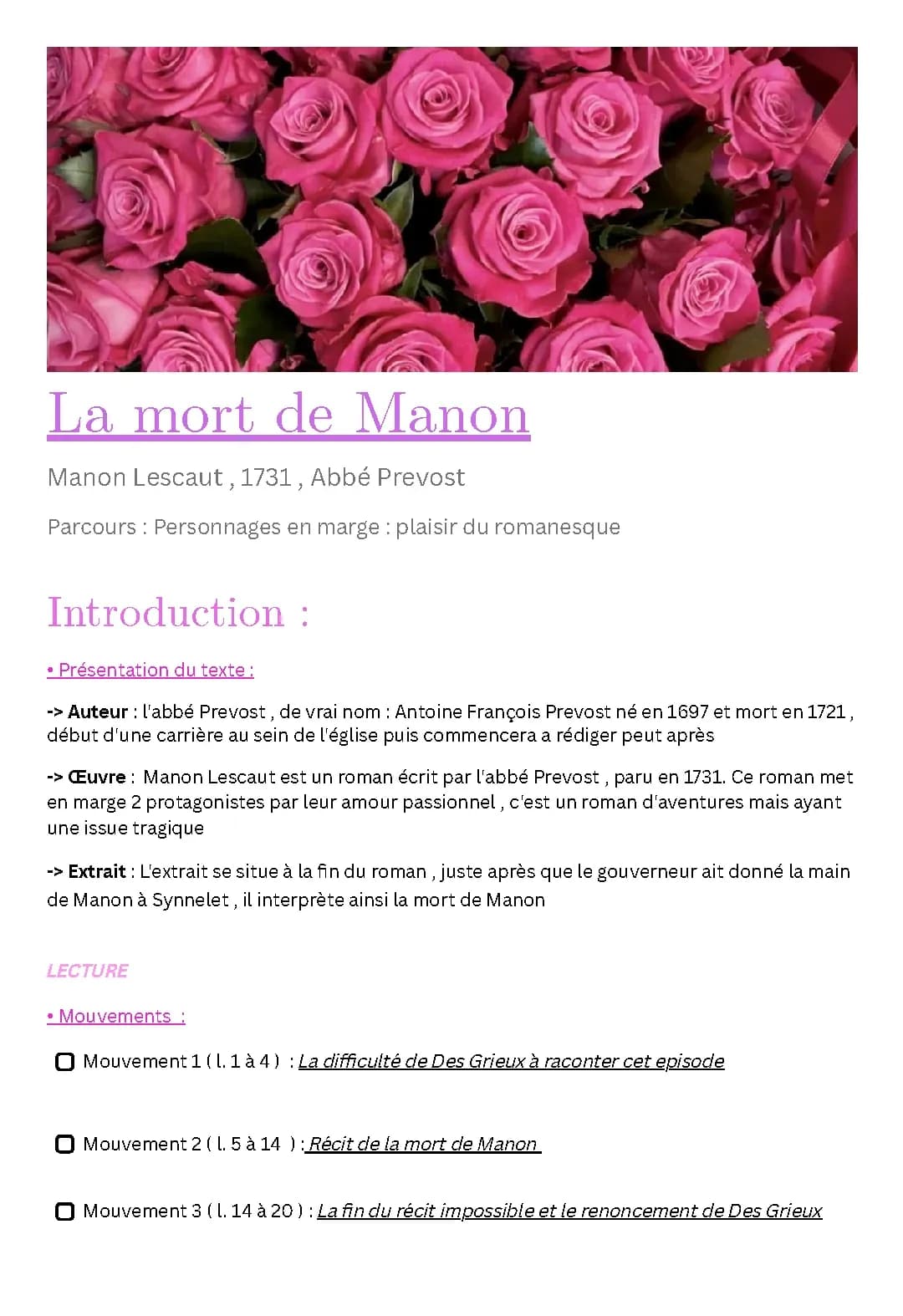 Analyse linéaire et texte PDF : La mort et l'enterrement de Manon Lescaut