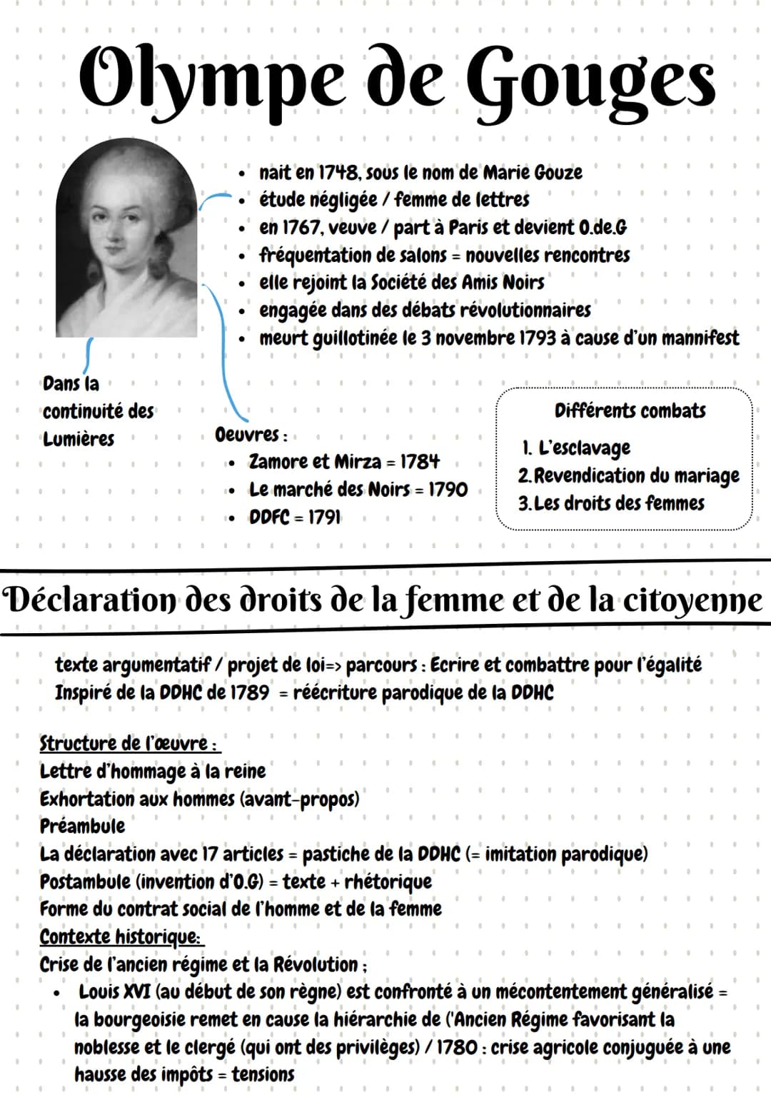 .
.
.
Olympe de Gouges
•
•
nait en 1748, sous le nom de Marie Gouze
étude négligée / femme de lettres
en 1767, veuve / part à Paris et devie