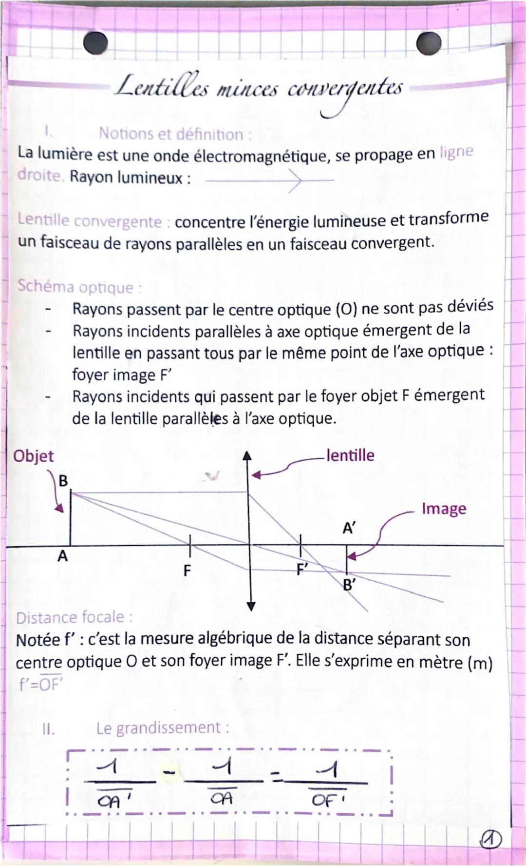 # Lentilles minces convergentes

I. Notions et définition :
La lumière est une onde électromagnétique, se propage en ligne droite. Rayon lum