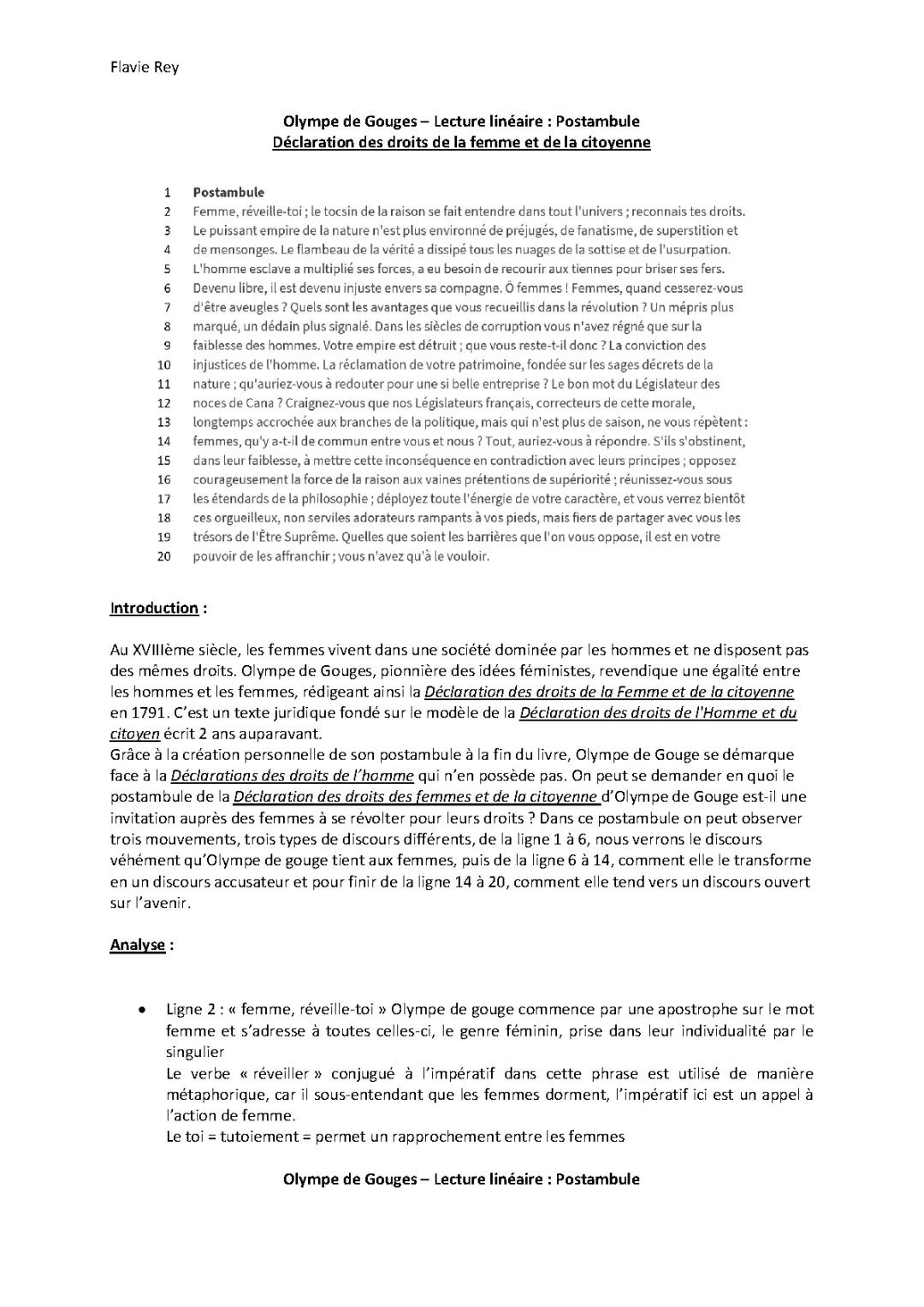 Préambule et Postambule Olympe de Gouges Analyse Linéaire PDF