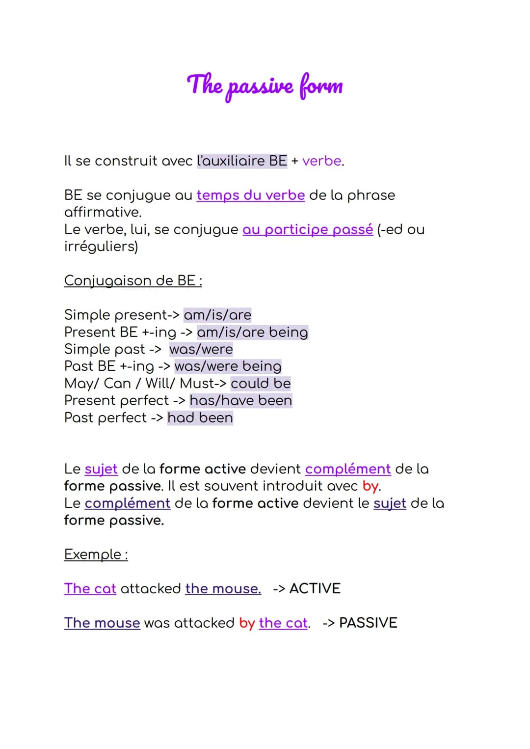 The passive form
Il se construit avec l'auxiliaire BE + verbe.
BE se conjugue au temps du verbe de la phrase
affirmative.
Le verbe, lui, se 